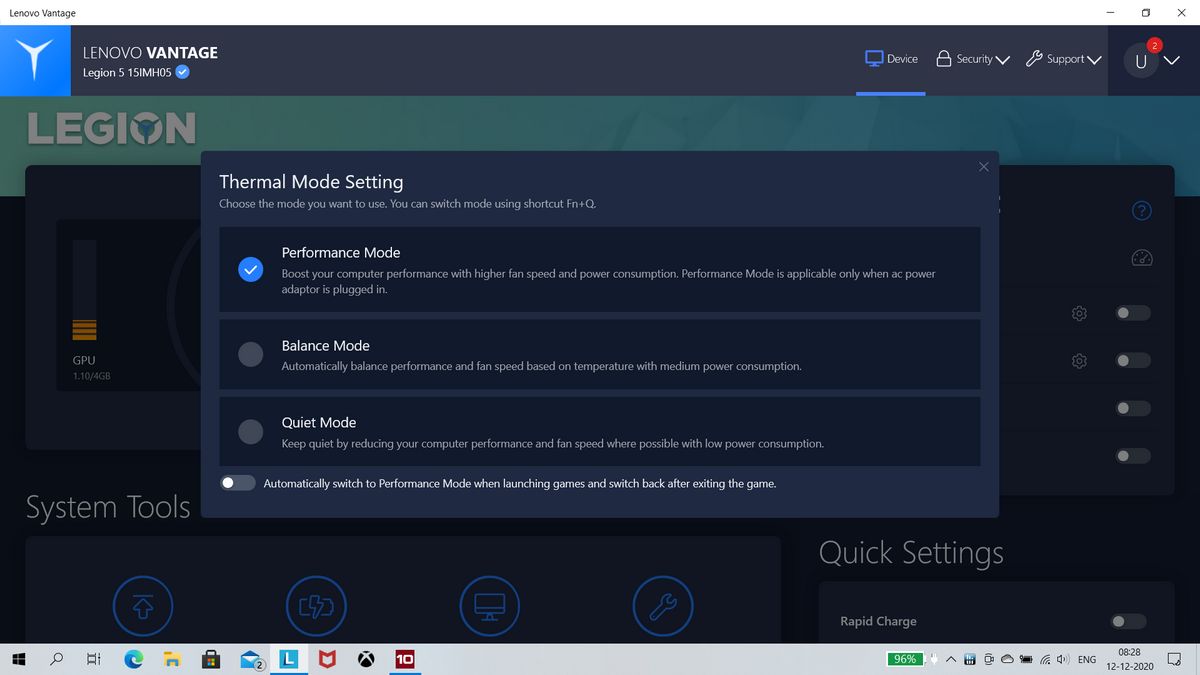 Lenovo Vantage and thermal modes on Legion 5i